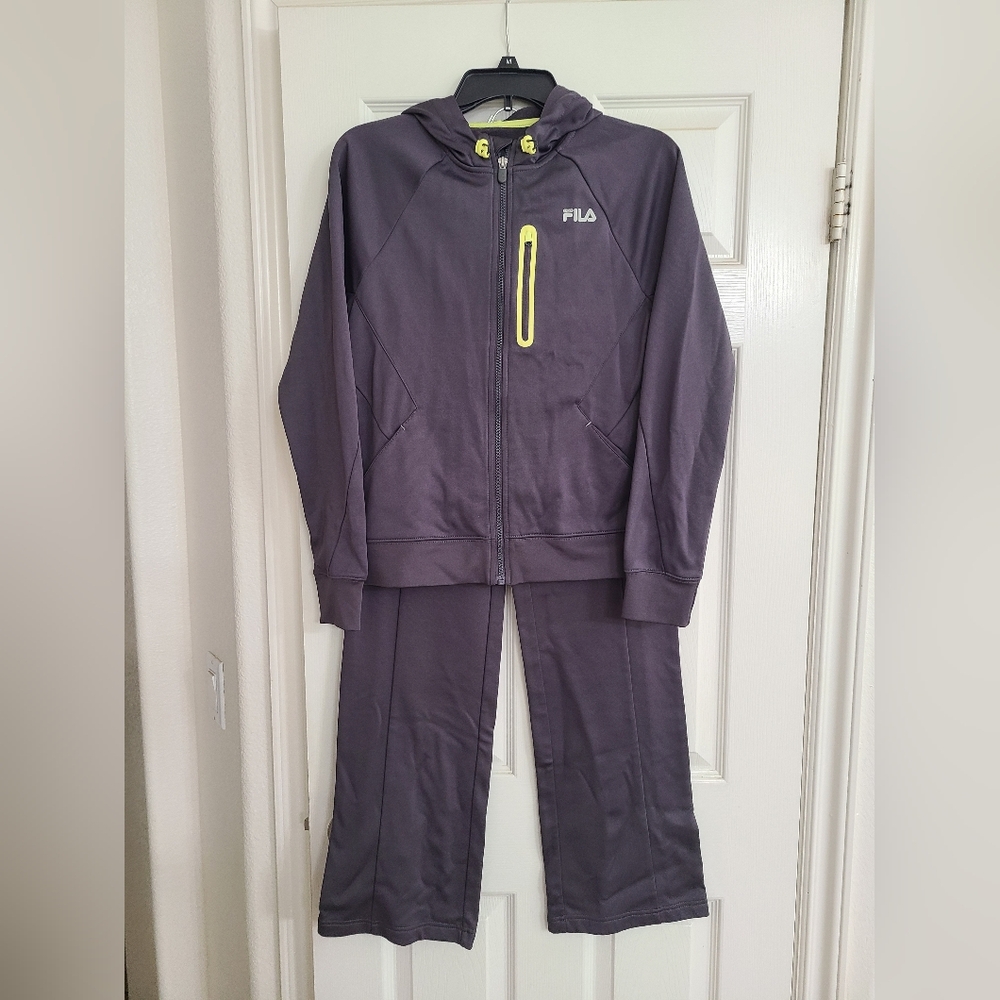 Fila Women's Gray Jogger Set with Neon Yellow Trim
